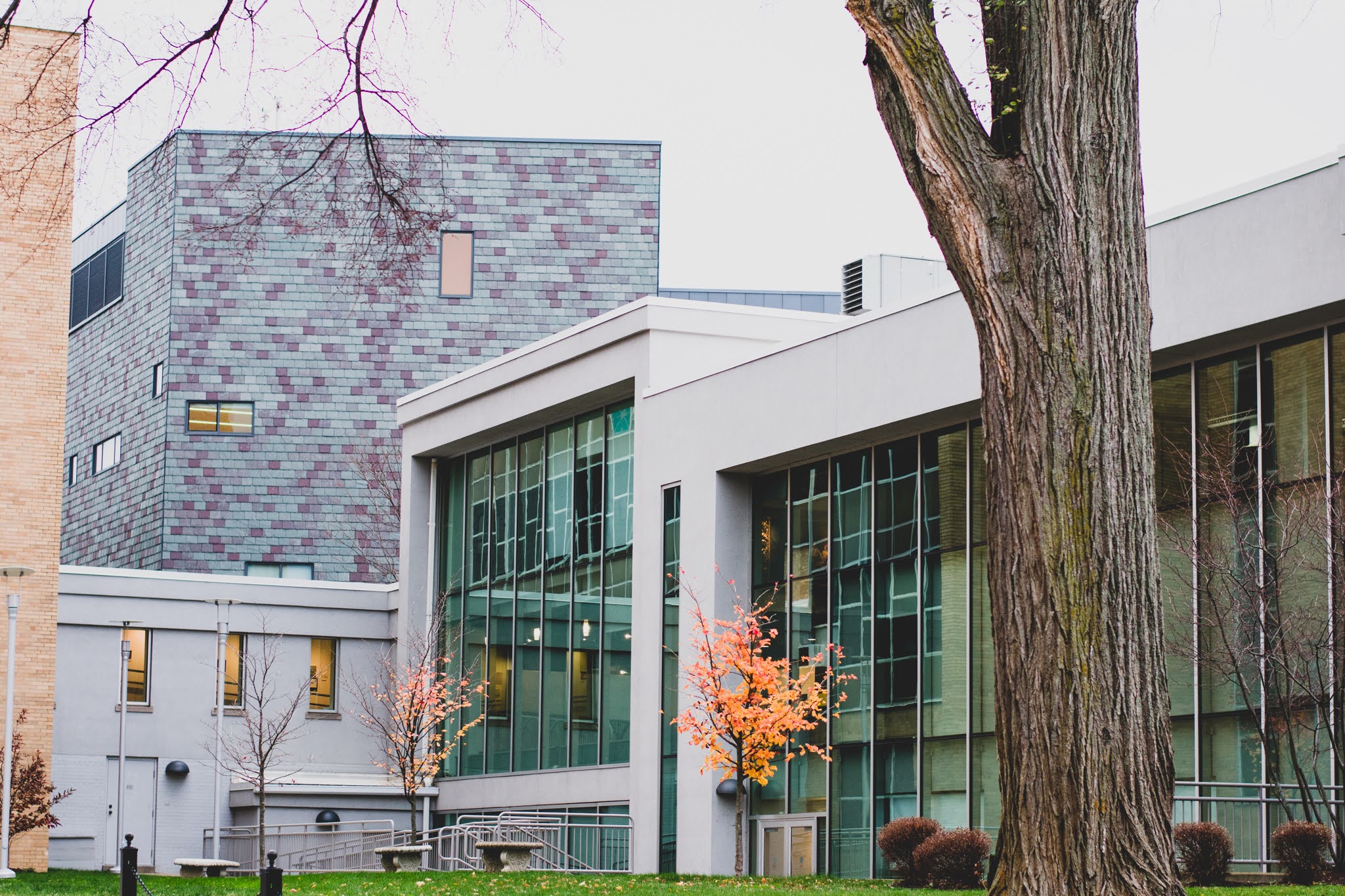 Exterior of Visual and Performing Arts Center in the fall